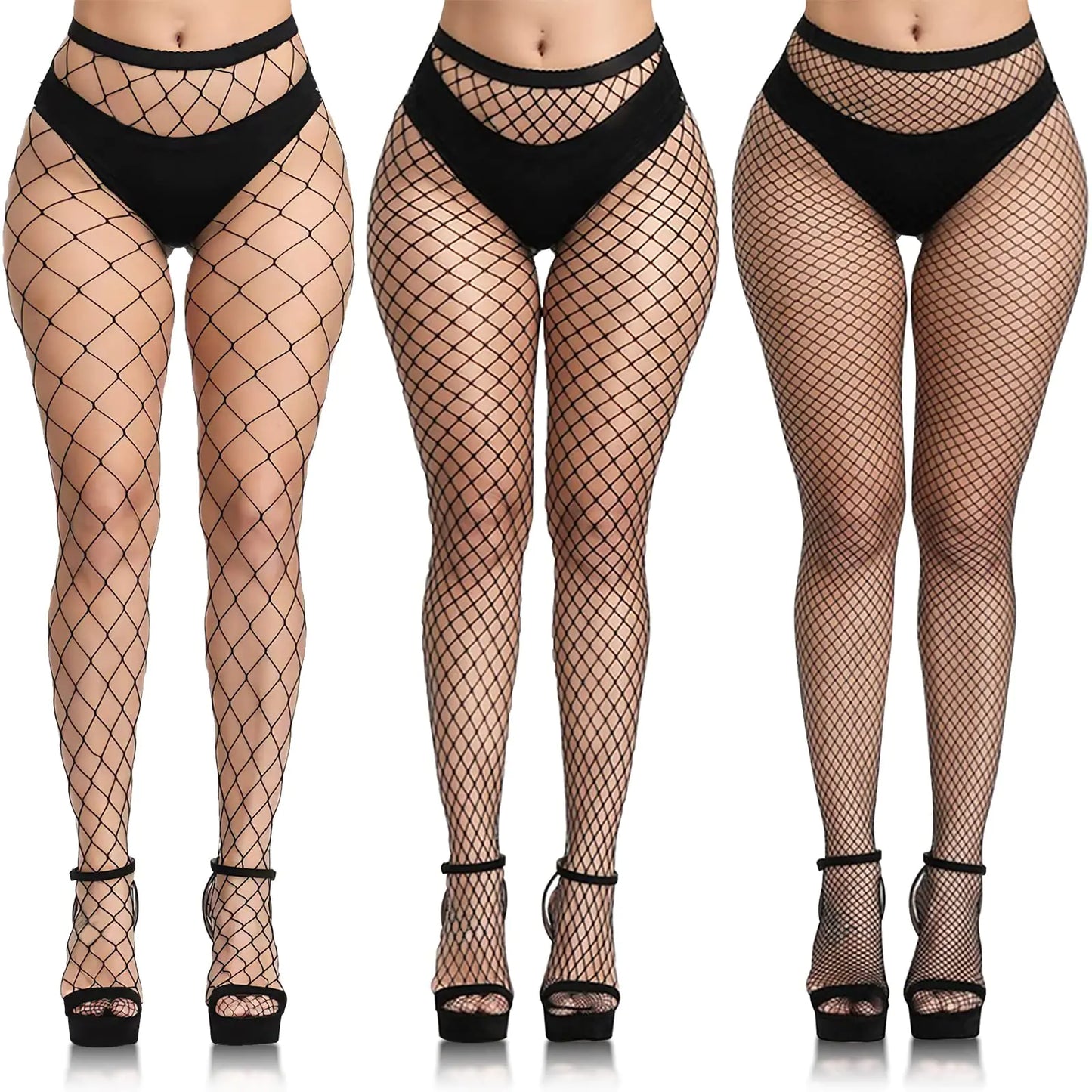 Three Piece  Fishnet Tights Ladies Plus Size One Size Fit All Black One Size