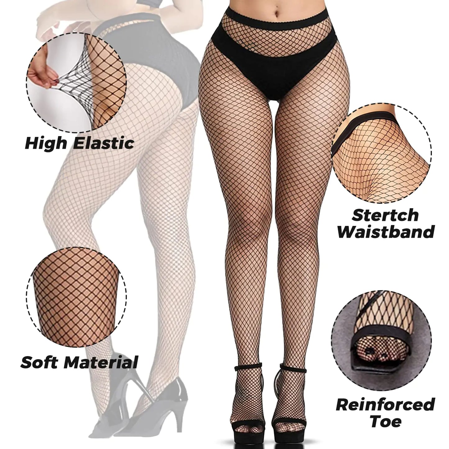 Three Piece  Fishnet Tights Ladies Plus Size One Size Fit All Black One Size